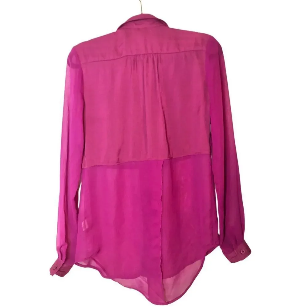 Free People XS Sheer Magenta Button Up Blouse Date Night Party Boho High Low Spl